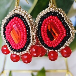 2/$27 | Red + Gold Drop Shield Beaded Indigenous Native Hoop Earrings | Handmade